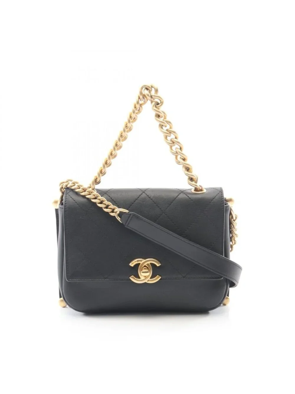 Chanel Shoulder Bag Quilted 2-Way Black Leather Chain